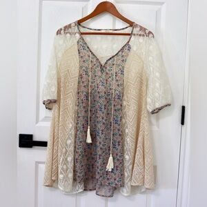 Boho,Floral sheer cream Lace patchwork  tunic dress whimsical, hippie, fairy